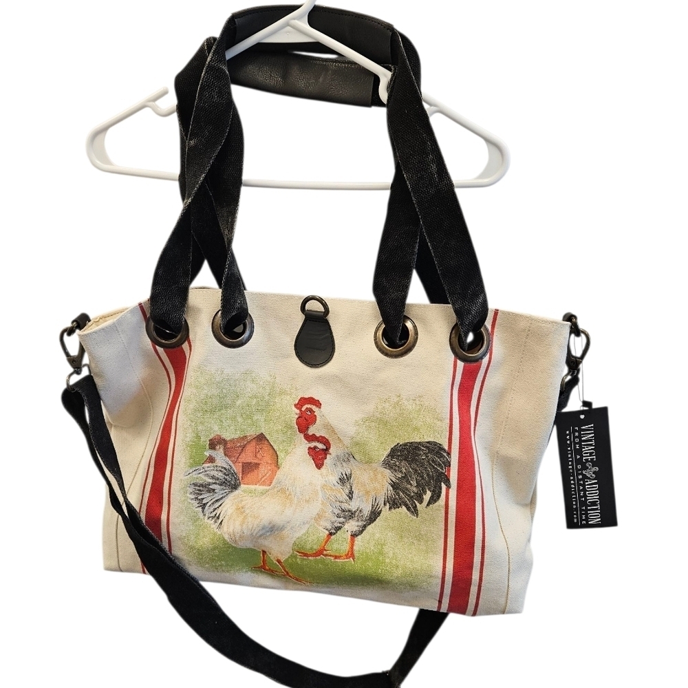 Vintage Addiction Rooster Red French Stripe Canvas Tote Crossbody Bag NEW